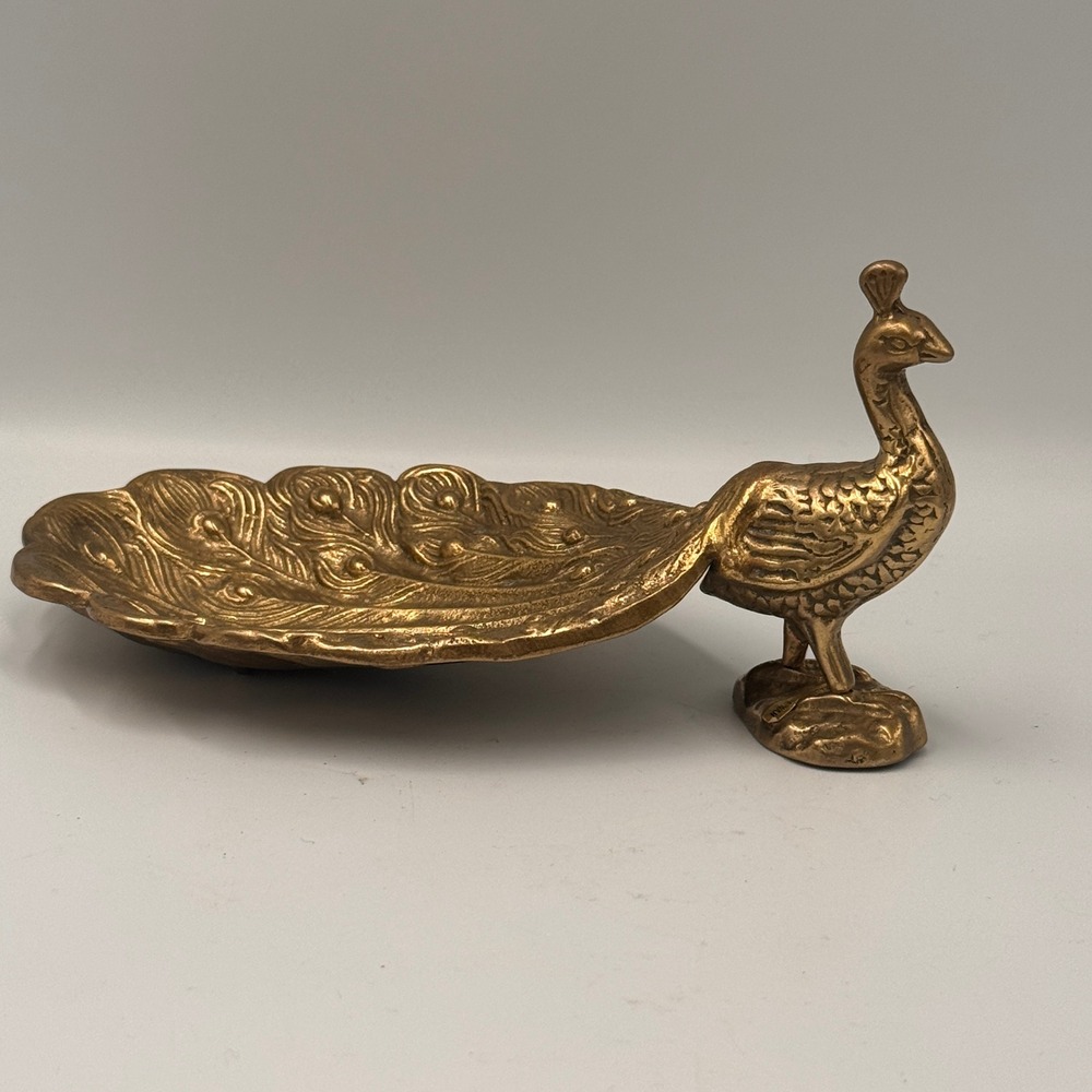 Vintage Brass Peacock Trinket Dish Jewelry Catchall Tray Taiwan Detailed Gold